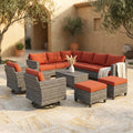 Megon Holly Gray 10-Piece Wicker Patio Conversation Seating Sofa Set with Orange Red Cushions and Swivel Rocking Chairs