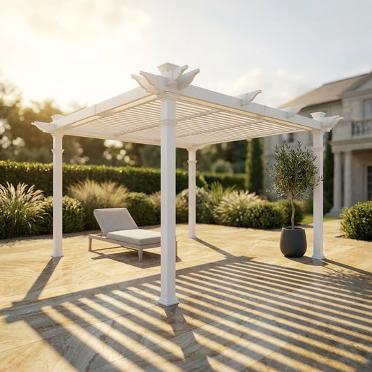 144"L X 144"W X 104"H Vinyl Camelot Louvered Pergola, White, VA42070 — Studio Shot