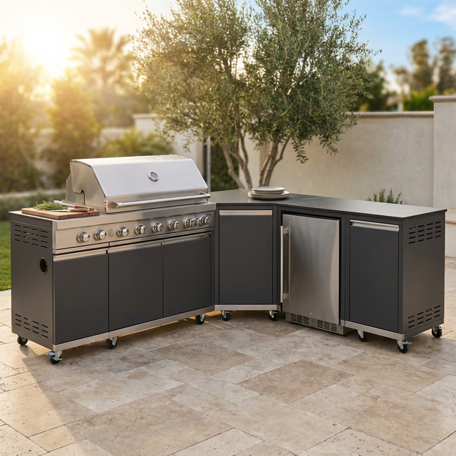 Akoah 4-Piece Modular Outdoor Kitchen Island Set with 8-Burner Grill, Fridge & Wheels — Studio Shot