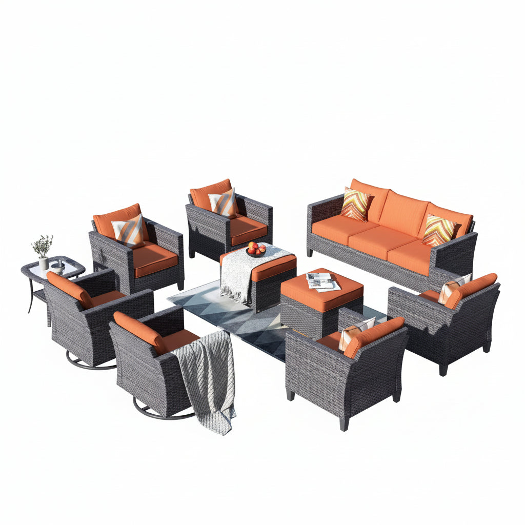 Megon Holly Gray 10-Piece Wicker Patio Conversation Seating Sofa Set with Orange Red Cushions and Swivel Rocking Chairs