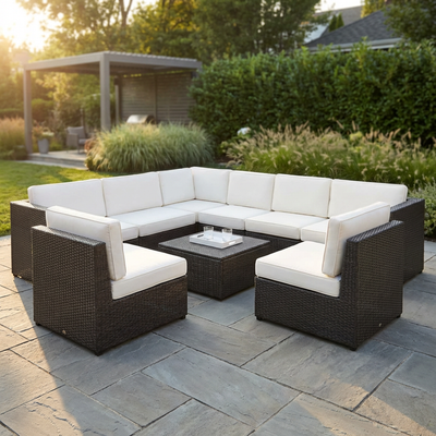 8-Piece Wicker Outdoor Patio Sectional Seating Set with White Cushions